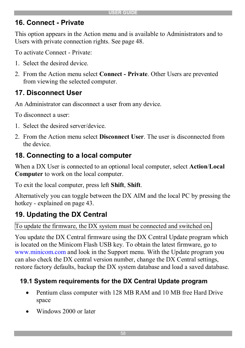 Connect - private, Disconnect user, Connecting to a local computer | Updating the dx central | Minicom Advanced Systems DX System User Manual | Page 59 / 72