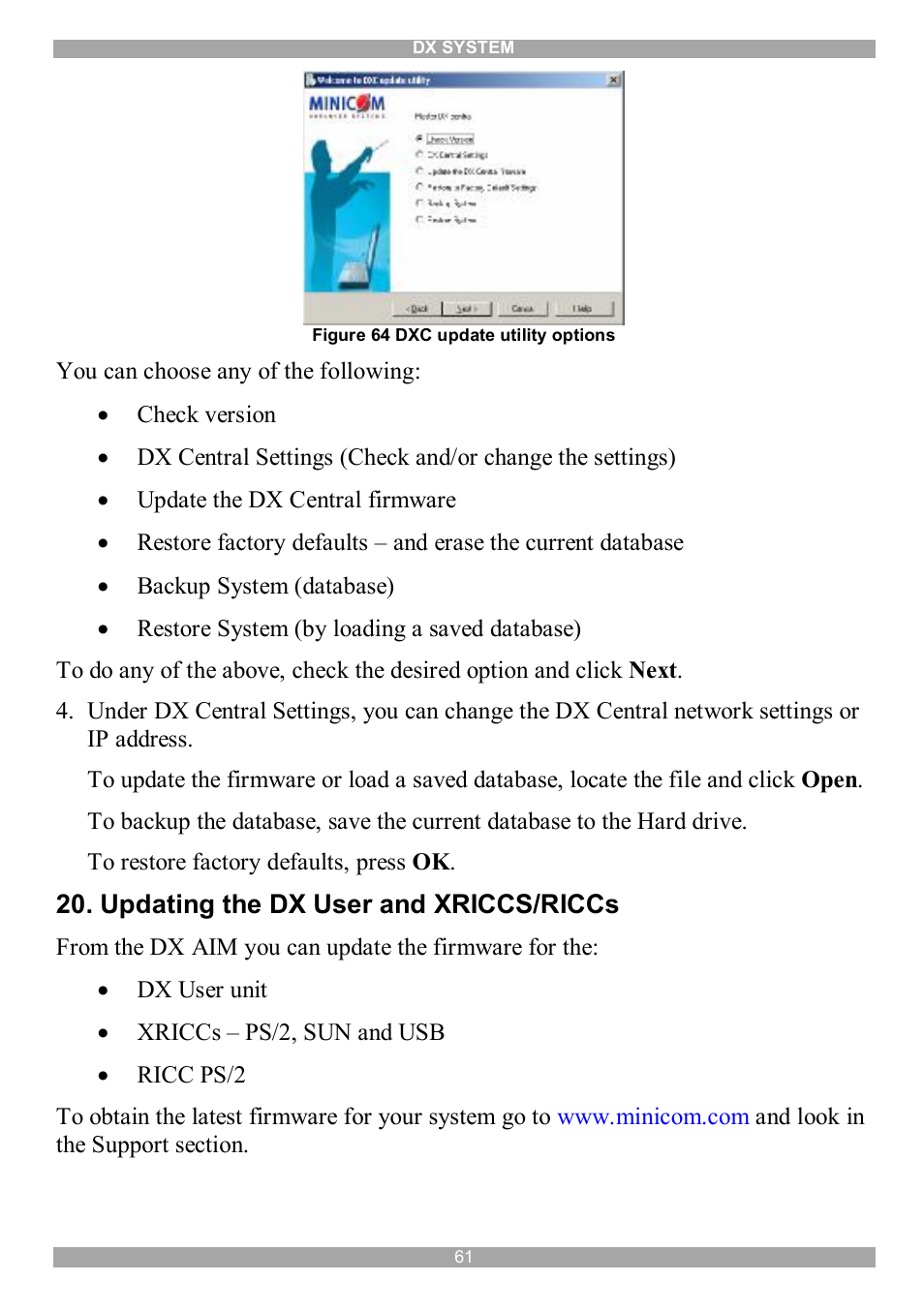 Updating the dx user and xriccs/riccs | Minicom Advanced Systems DX System User Manual | Page 62 / 72