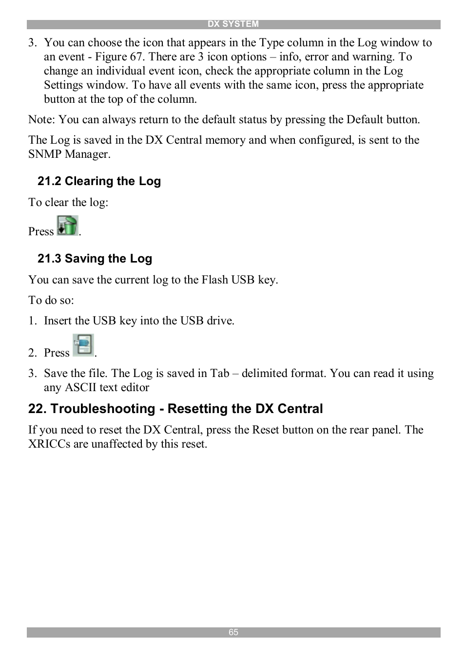 2 clearing the log, 3 saving the log, Troubleshooting - resetting the dx central | Minicom Advanced Systems DX System User Manual | Page 66 / 72
