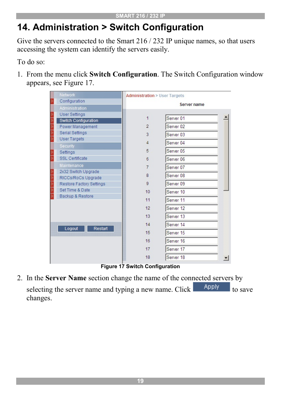 Administration > switch configuration | Minicom Advanced Systems Minicom Smart 216 User Manual | Page 20 / 50