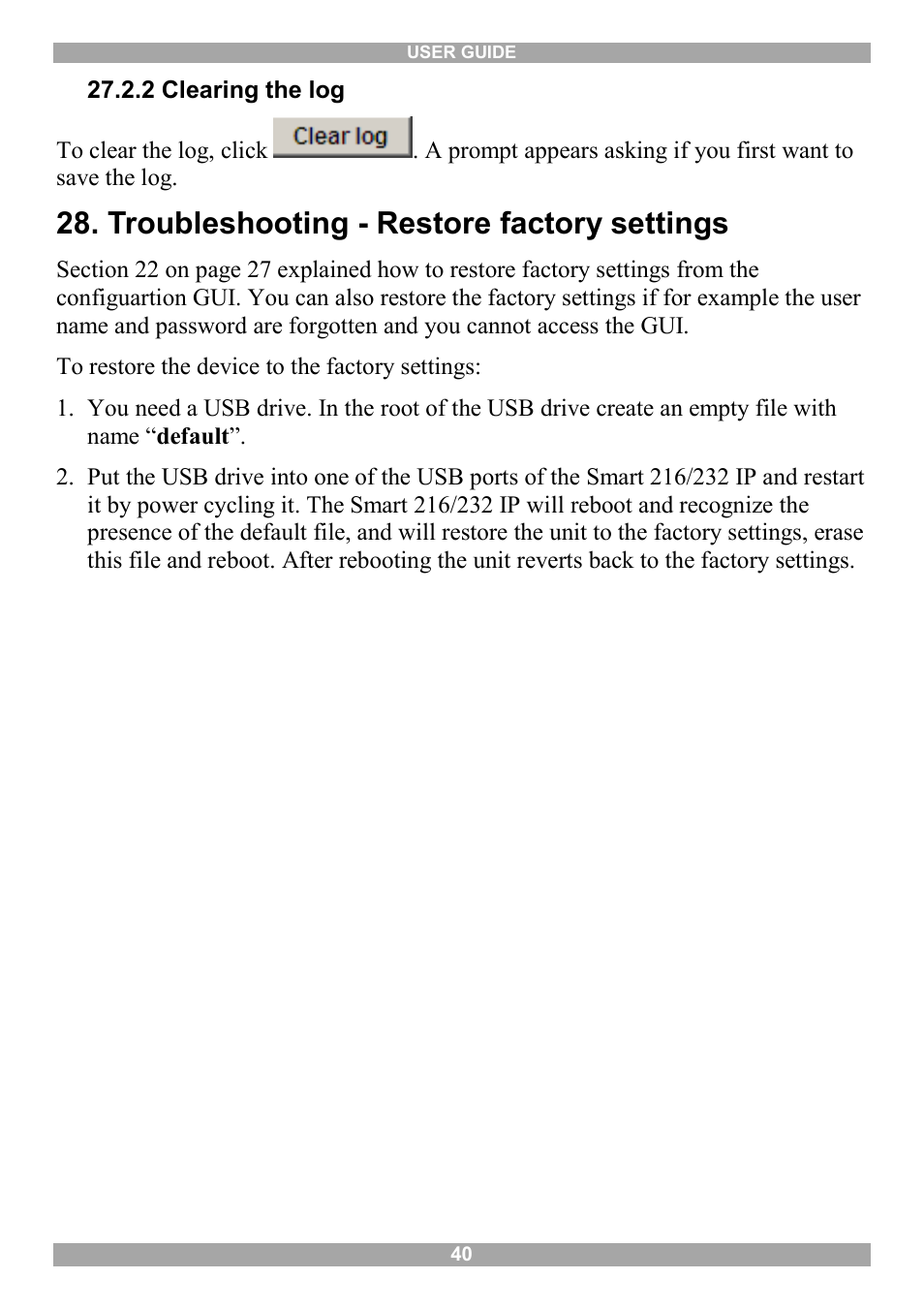 2 clearing the log, Troubleshooting - restore factory settings | Minicom Advanced Systems Minicom Smart 216 User Manual | Page 41 / 50