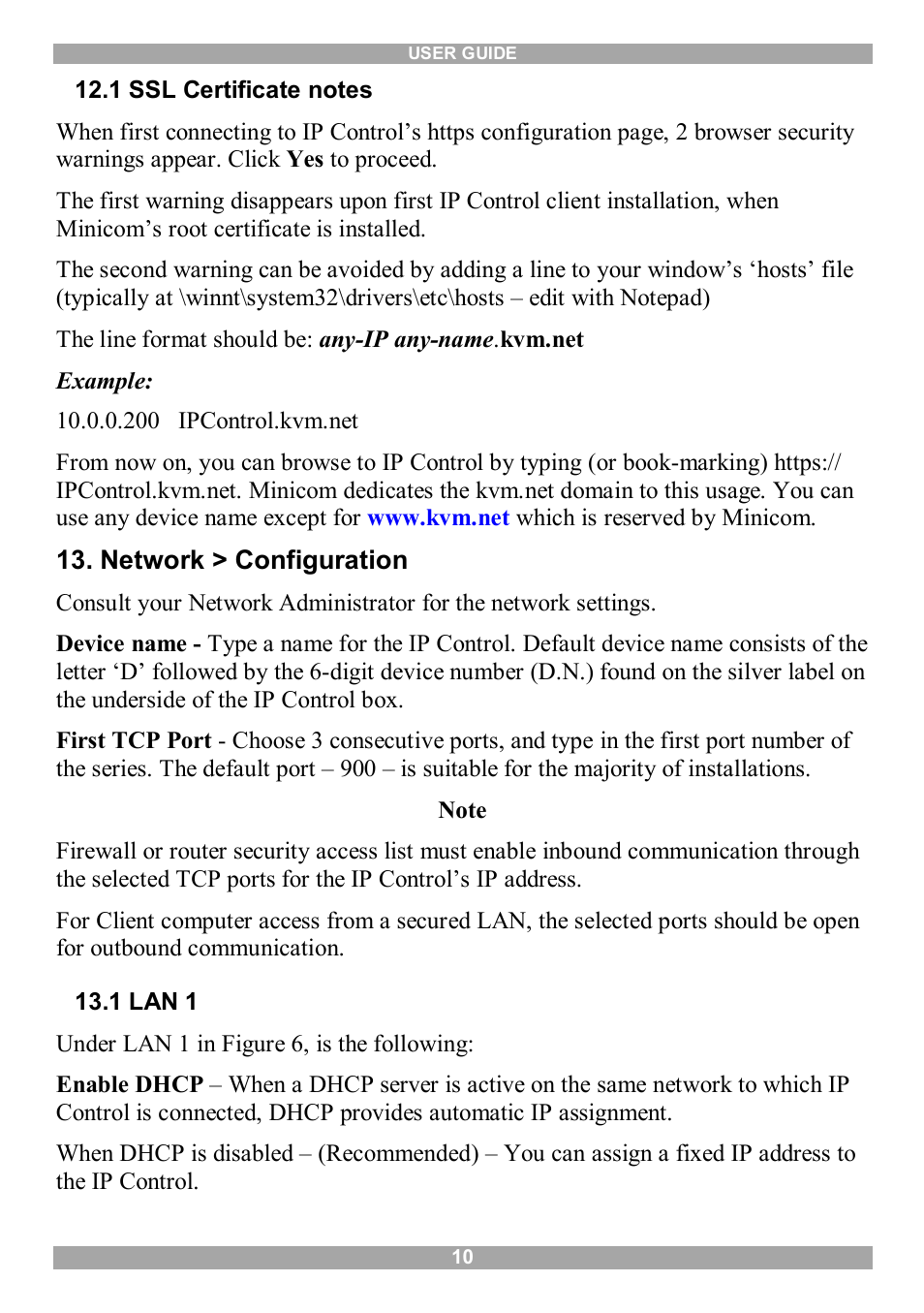 1 ssl certificate notes, Network > configuration, 1 lan 1 | Minicom Advanced Systems 5UM70166 User Manual | Page 11 / 33