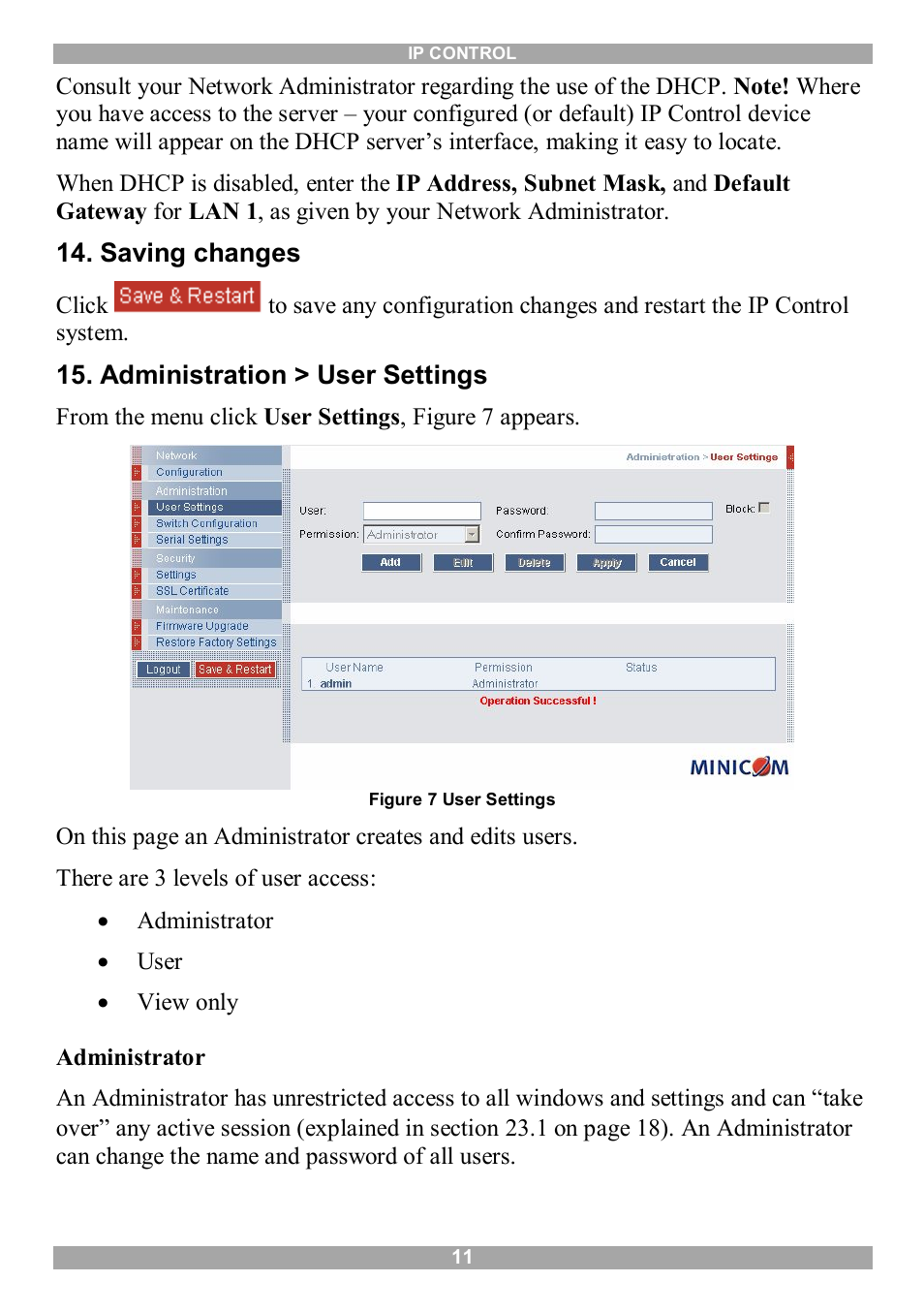 Saving changes, Administration > user settings | Minicom Advanced Systems 5UM70166 User Manual | Page 12 / 33
