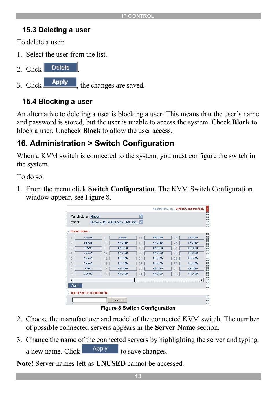 3 deleting a user, 4 blocking a user, Administration > switch configuration | Minicom Advanced Systems 5UM70166 User Manual | Page 14 / 33