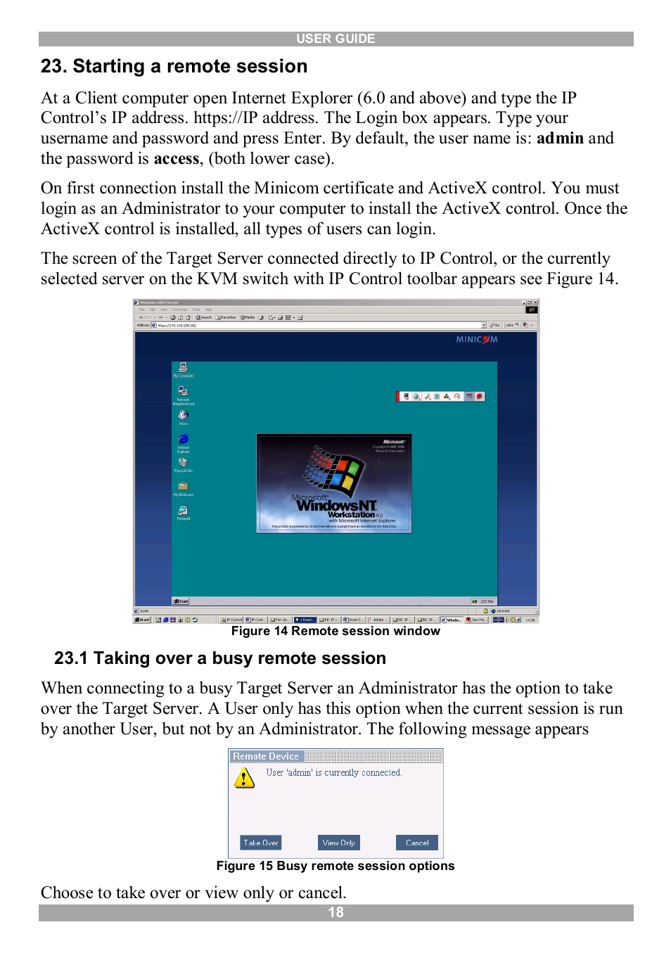 Starting a remote session, 1 taking over a busy remote session | Minicom Advanced Systems 5UM70166 User Manual | Page 19 / 33