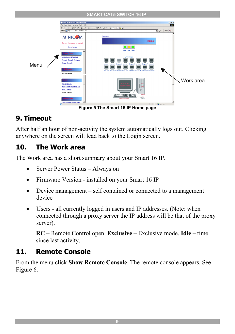Timeout, The work area, Remote console | Keyboard layout, Figure 5 | Minicom Advanced Systems 5UM20114 User Manual | Page 10 / 87