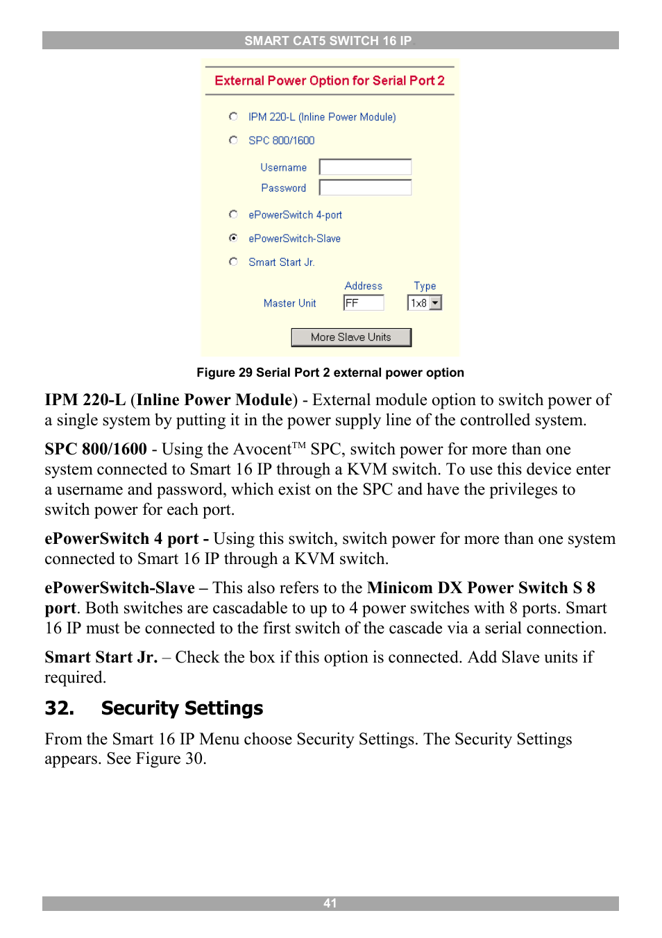 Security settings, Snmp settings | Minicom Advanced Systems 5UM20114 User Manual | Page 42 / 87
