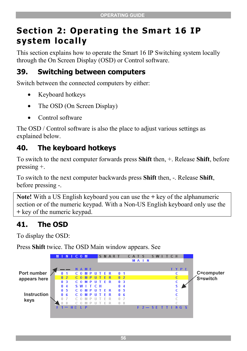 Switching between computers, The keyboard hotkeys, The osd | Navigating the osd | Minicom Advanced Systems 5UM20114 User Manual | Page 57 / 87