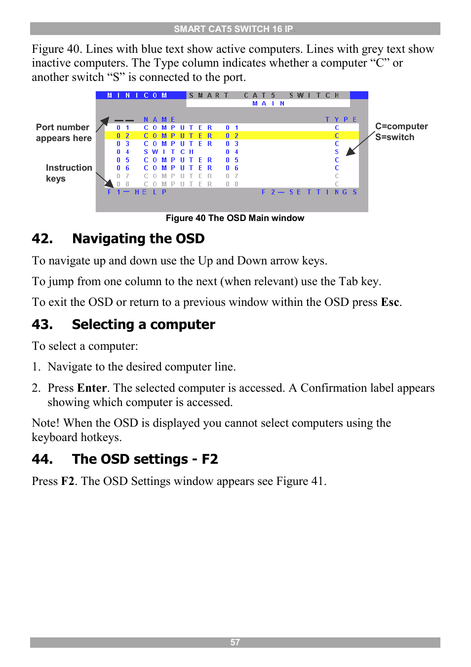 Navigating the osd, Selecting a computer, The osd settings - f2 | The general settings | Minicom Advanced Systems 5UM20114 User Manual | Page 58 / 87