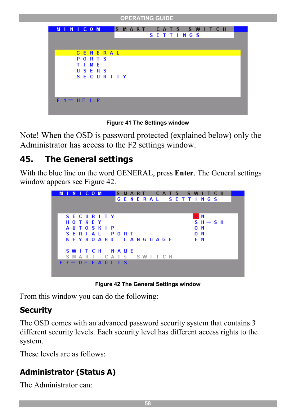 The general settings, F7 defaults | Minicom Advanced Systems 5UM20114 User Manual | Page 59 / 87