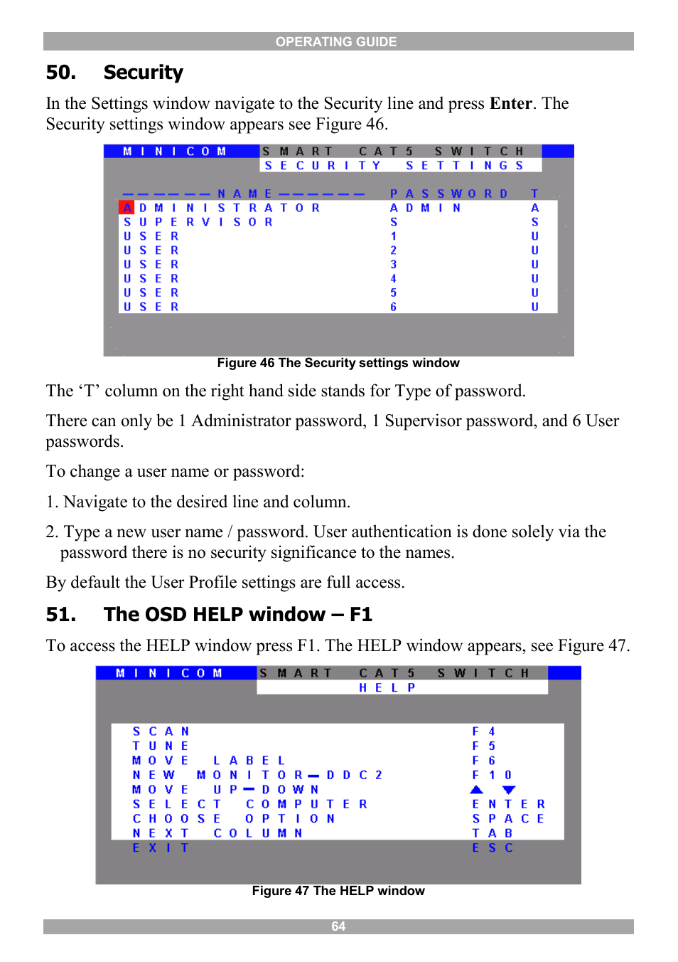 Security, The osd help window – f1, Scanning computers – f4 | Minicom Advanced Systems 5UM20114 User Manual | Page 65 / 87