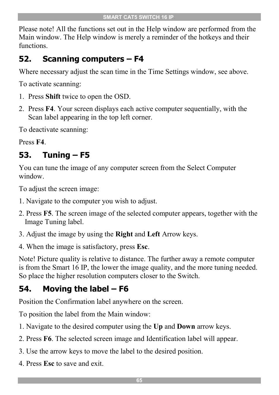 Scanning computers – f4, Tuning – f5, Moving the label – f6 | Using the control software | Minicom Advanced Systems 5UM20114 User Manual | Page 66 / 87