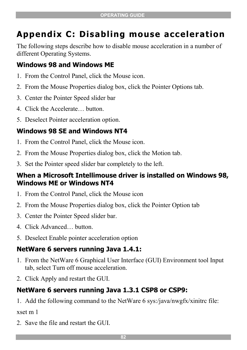 Appendix c: disabling mouse acceleration | Minicom Advanced Systems 5UM20114 User Manual | Page 83 / 87