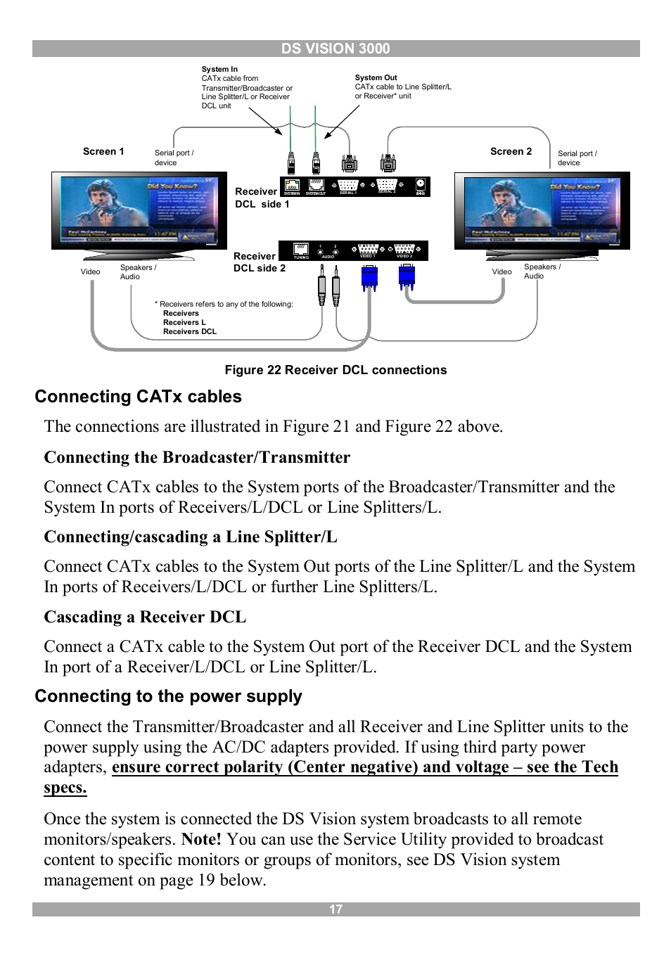Connecting catx cables, Connecting to the power supply, Ds vision 3000 | Figure 22 receiver dcl connections | Minicom Advanced Systems 3000 User Manual | Page 18 / 44