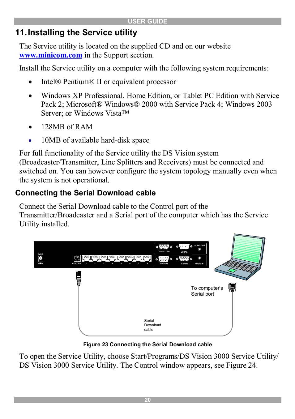Installing the service utility, Connecting the serial download cable, 10mb of available hard-disk space | Minicom Advanced Systems 3000 User Manual | Page 21 / 44