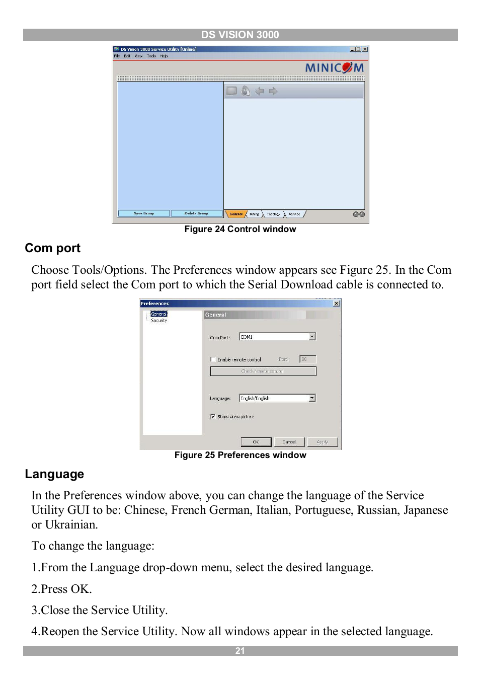 Com port, Language | Minicom Advanced Systems 3000 User Manual | Page 22 / 44