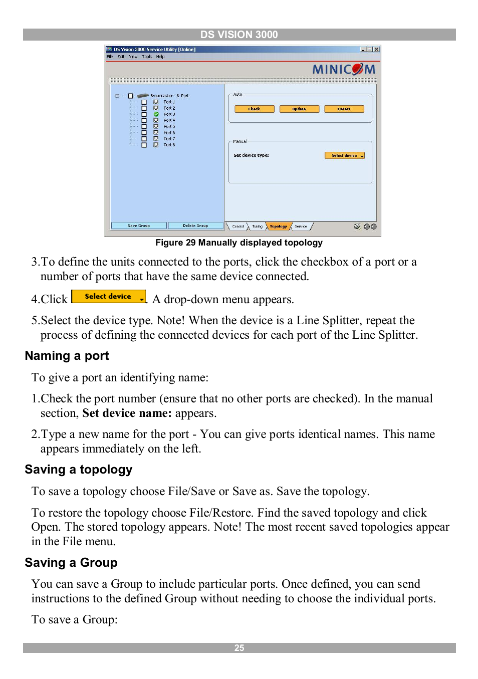 Naming a port, Saving a topology, Saving a group | Minicom Advanced Systems 3000 User Manual | Page 26 / 44