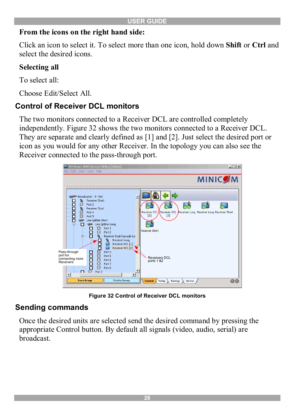 Control of receiver dcl monitors, Sending commands | Minicom Advanced Systems 3000 User Manual | Page 29 / 44