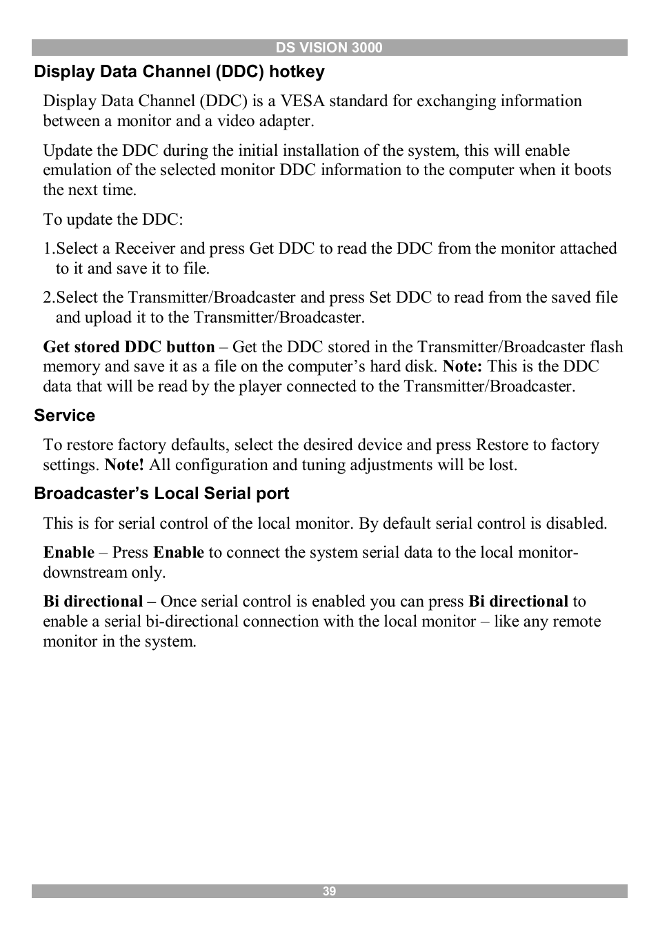 Display data channel (ddc) hotkey, Service, Broadcaster’s local serial port | Minicom Advanced Systems 3000 User Manual | Page 40 / 44