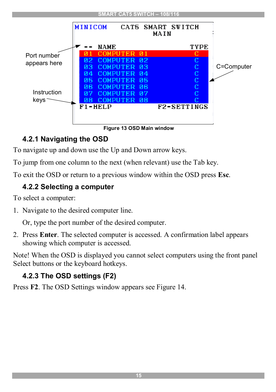 1 navigating the osd, 2 selecting a computer, 3 the osd settings (f2) | Minicom Advanced Systems Smart CAT5 User Manual | Page 16 / 45