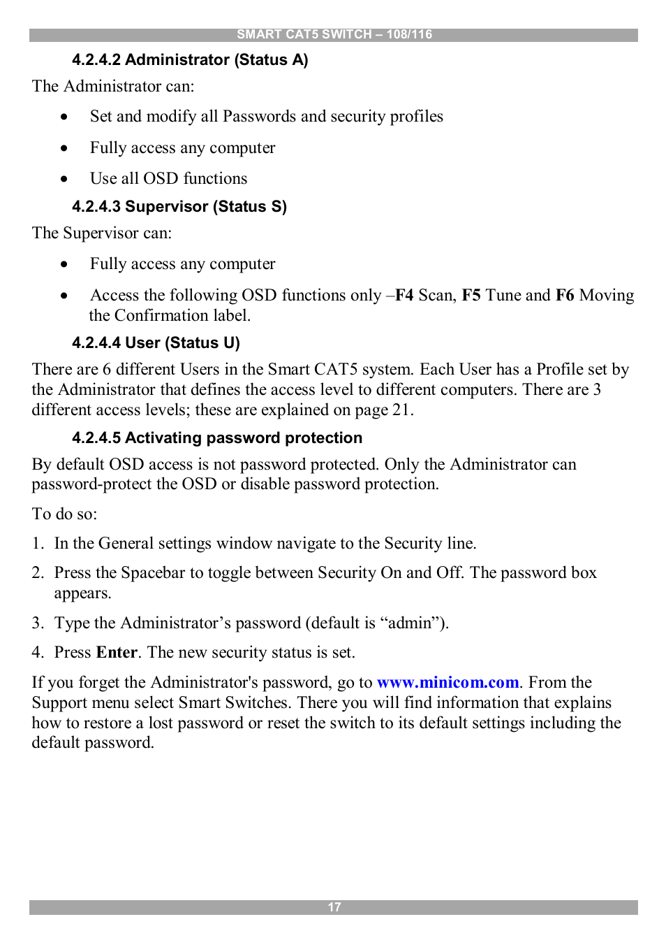 2 administrator (status a), 3 supervisor (status s), 4 user (status u) | 5 activating password protection | Minicom Advanced Systems Smart CAT5 User Manual | Page 18 / 45