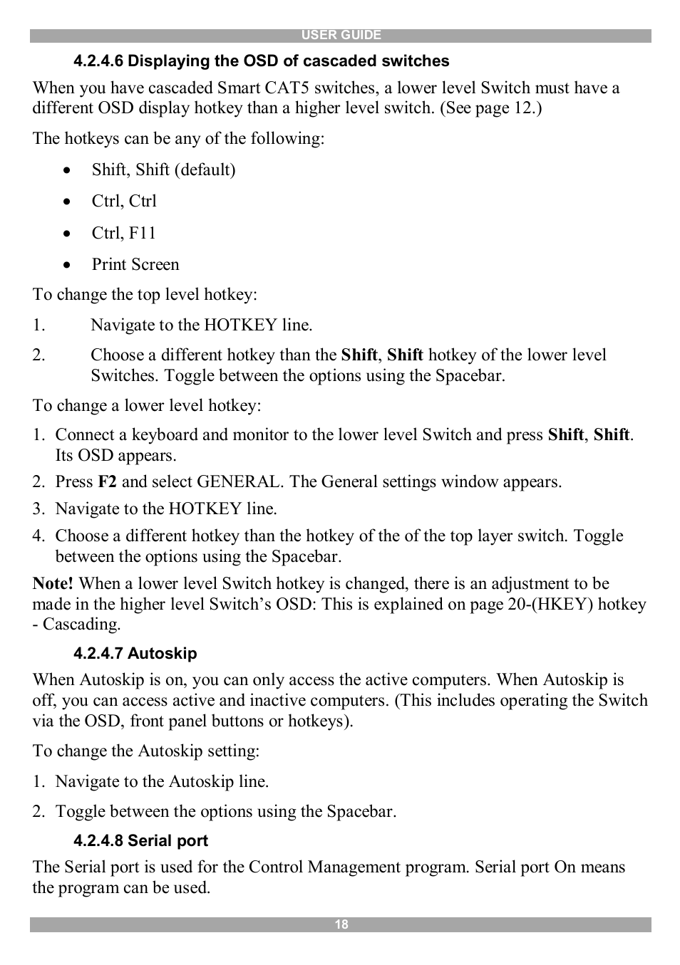 6 displaying the osd of cascaded switches, 7 autoskip, 8 serial port | Minicom Advanced Systems Smart CAT5 User Manual | Page 19 / 45
