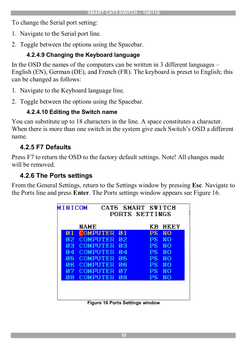 9 changing the keyboard language, 10 editing the switch name, 5 f7 defaults | 6 the ports settings | Minicom Advanced Systems Smart CAT5 User Manual | Page 20 / 45