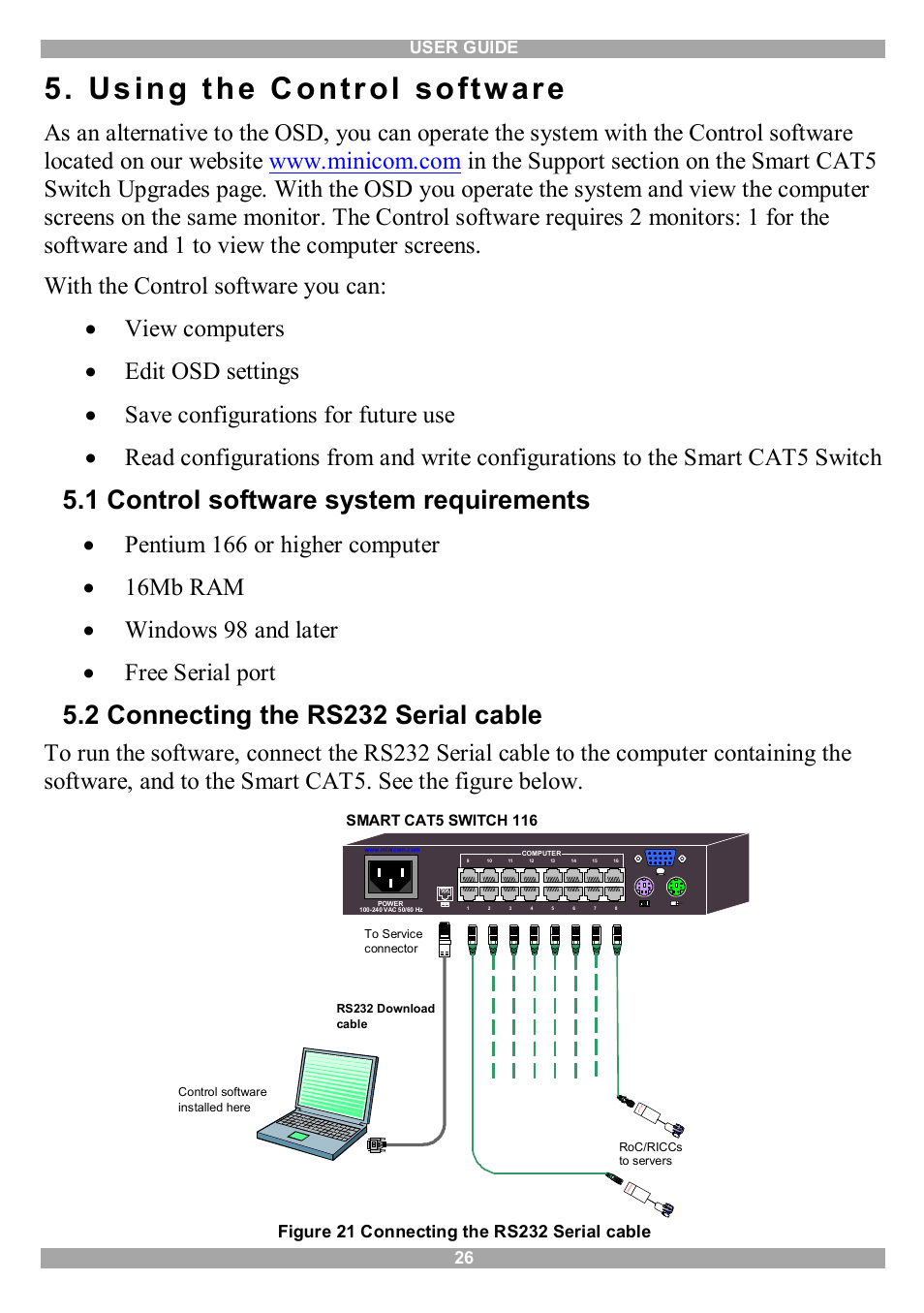 Using the control software, 1 control software system requirements, 2 connecting the rs232 serial cable | Minicom Advanced Systems Smart CAT5 User Manual | Page 27 / 45