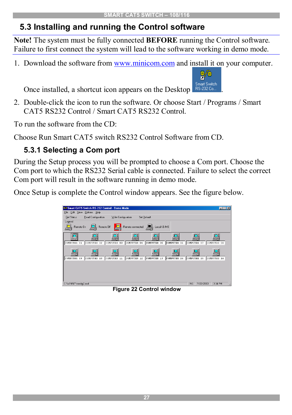 3 installing and running the control software, 1 selecting a com port | Minicom Advanced Systems Smart CAT5 User Manual | Page 28 / 45