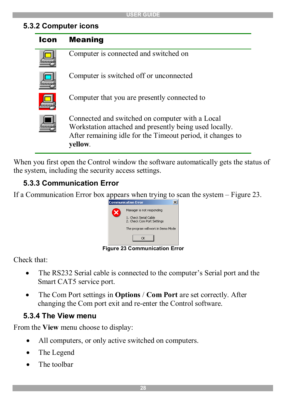 2 computer icons, 3 communication error, 4 the view menu | Minicom Advanced Systems Smart CAT5 User Manual | Page 29 / 45