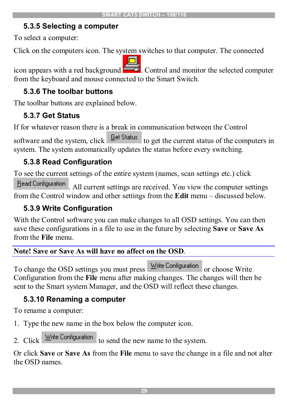 5 selecting a computer, 6 the toolbar buttons, 7 get status | 8 read configuration, 9 write configuration, 10 renaming a computer | Minicom Advanced Systems Smart CAT5 User Manual | Page 30 / 45