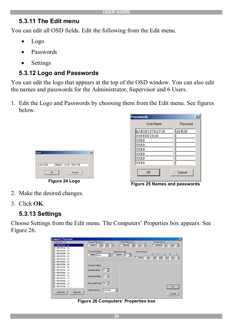 11 the edit menu, 12 logo and passwords, 13 settings | Minicom Advanced Systems Smart CAT5 User Manual | Page 31 / 45