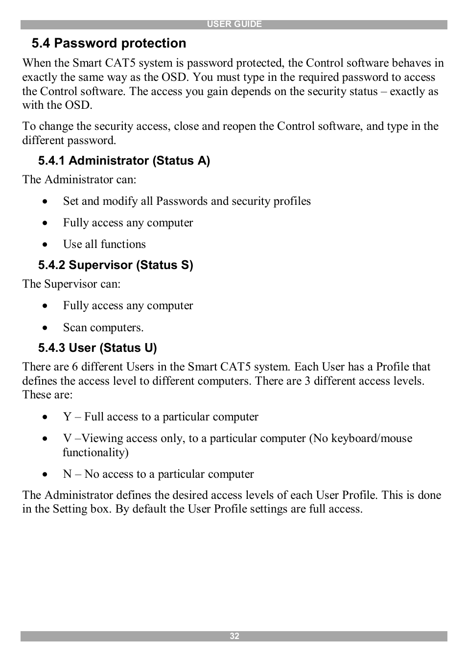 4 password protection, 1 administrator (status a), 2 supervisor (status s) | 3 user (status u) | Minicom Advanced Systems Smart CAT5 User Manual | Page 33 / 45