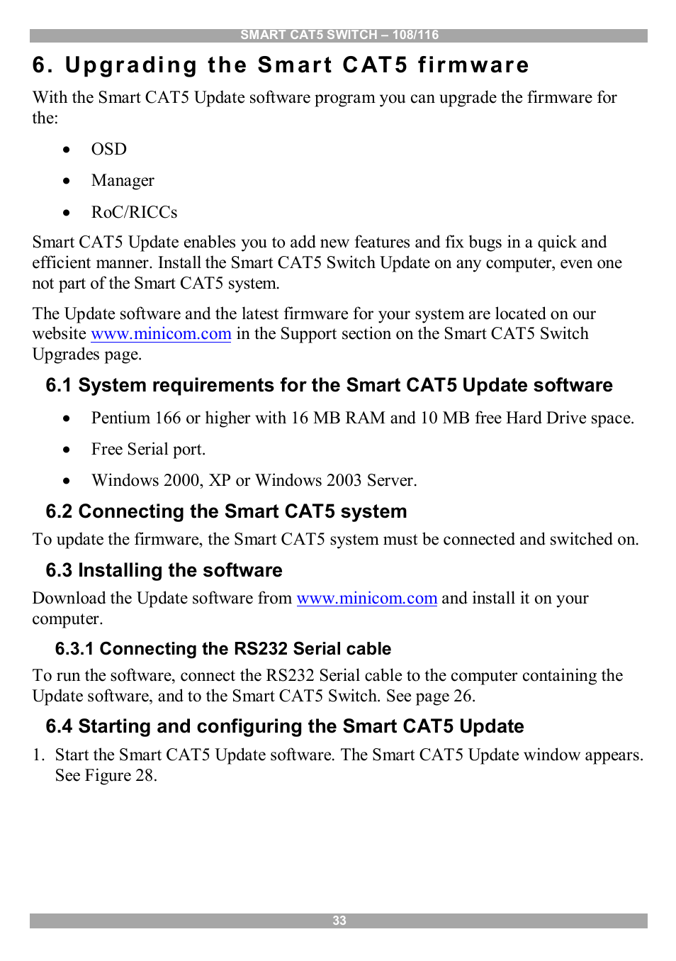 Upgrading the smart cat5 firmware, 2 connecting the smart cat5 system, 3 installing the software | 1 connecting the rs232 serial cable, 4 starting and configuring the smart cat5 update | Minicom Advanced Systems Smart CAT5 User Manual | Page 34 / 45