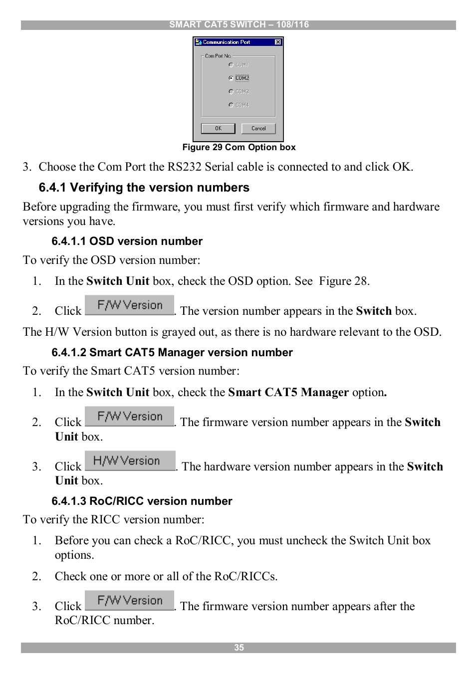 1 verifying the version numbers, 1 osd version number, 2 smart cat5 manager version number | 3 roc/ricc version number | Minicom Advanced Systems Smart CAT5 User Manual | Page 36 / 45
