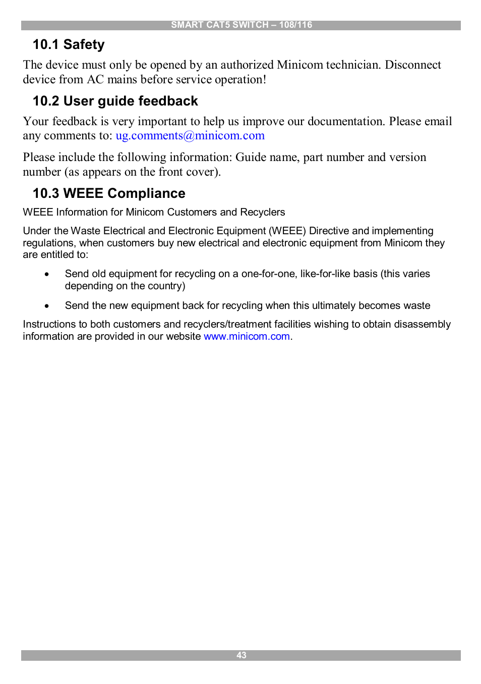 1 safety, 2 user guide feedback, 3 weee compliance | Minicom Advanced Systems Smart CAT5 User Manual | Page 44 / 45