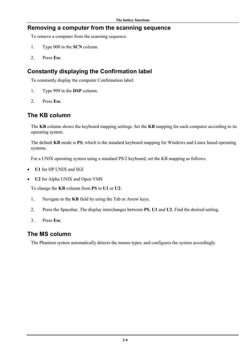 Removing a computer from the scanning sequence, Constantly displaying the confirmation label, The kb column | The ms column | Minicom Advanced Systems Minicom Supervisor Phantom User Manual | Page 12 / 41