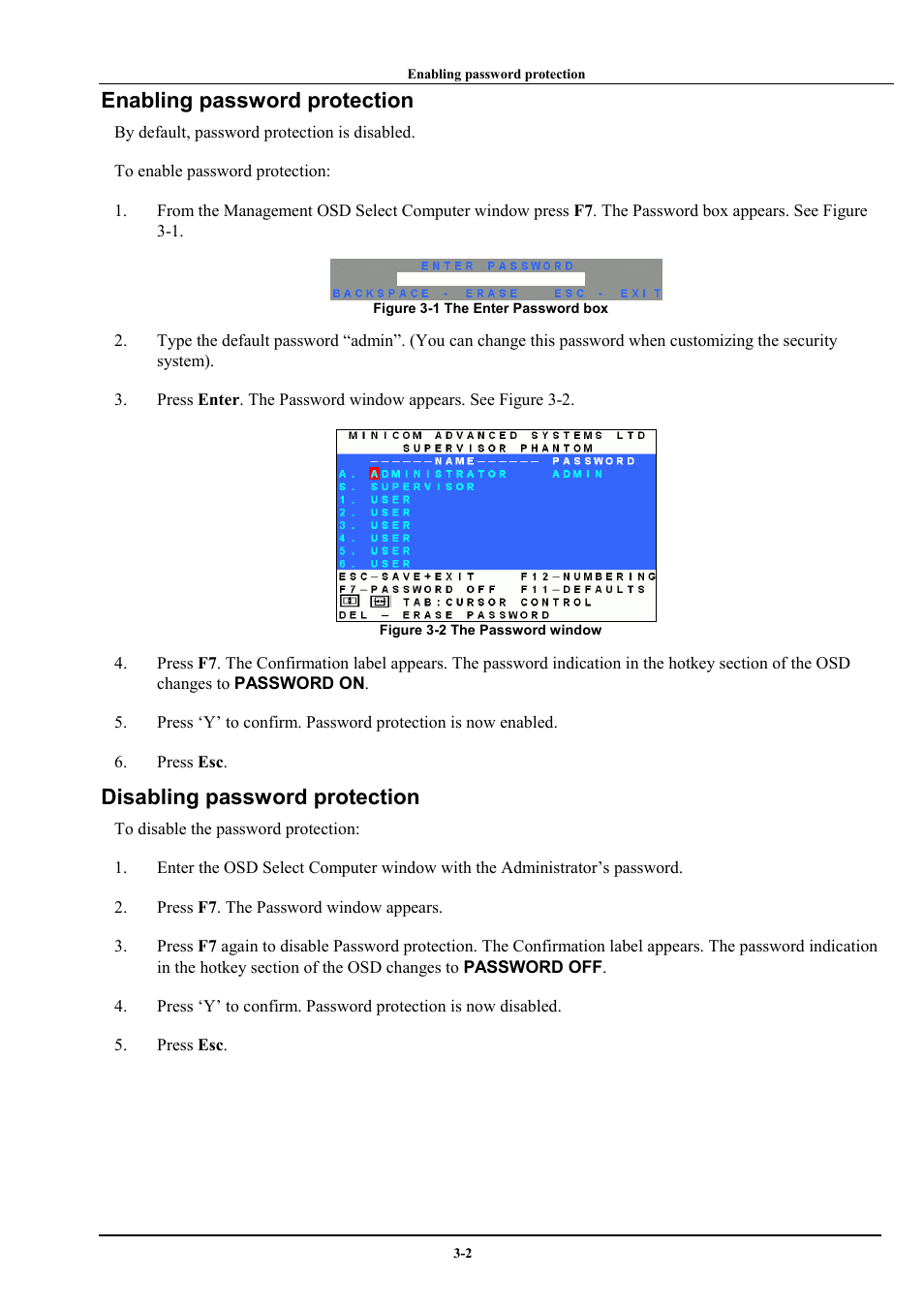 Enabling password protection, Disabling password protection | Minicom Advanced Systems Minicom Supervisor Phantom User Manual | Page 16 / 41