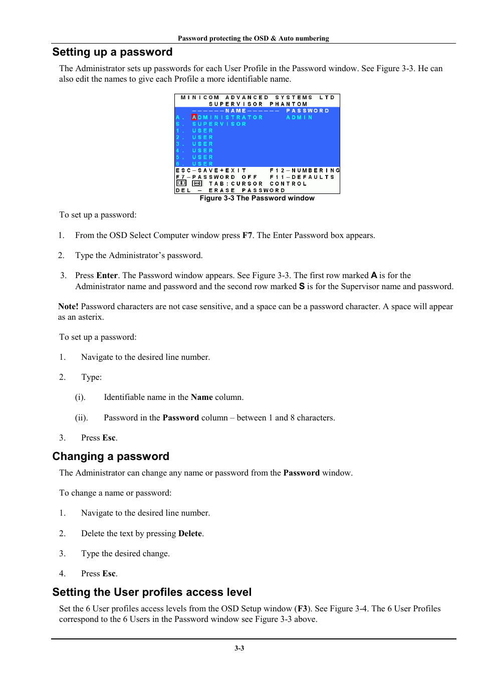 Setting up a password, Changing a password, Setting the user profiles access level | Minicom Advanced Systems Minicom Supervisor Phantom User Manual | Page 17 / 41