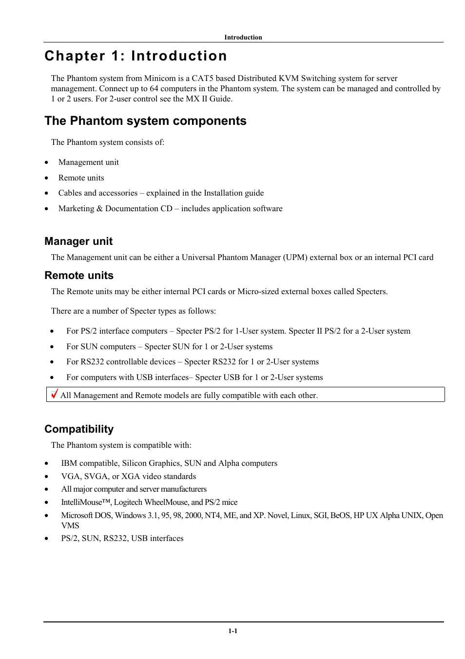 Chapter 1: introduction, The phantom system components, Manager unit | Remote units, Compatibility | Minicom Advanced Systems Minicom Supervisor Phantom User Manual | Page 2 / 41