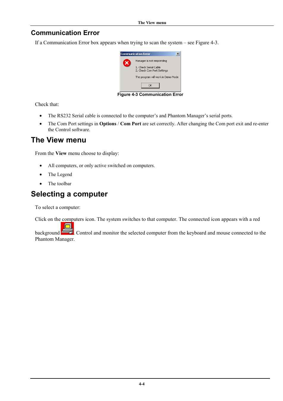 The view menu, Selecting a computer, Communication error | Minicom Advanced Systems Minicom Supervisor Phantom User Manual | Page 24 / 41