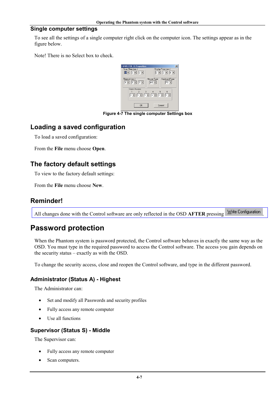 Loading a saved configuration, The factory default settings, Reminder | Password protection | Minicom Advanced Systems Minicom Supervisor Phantom User Manual | Page 27 / 41