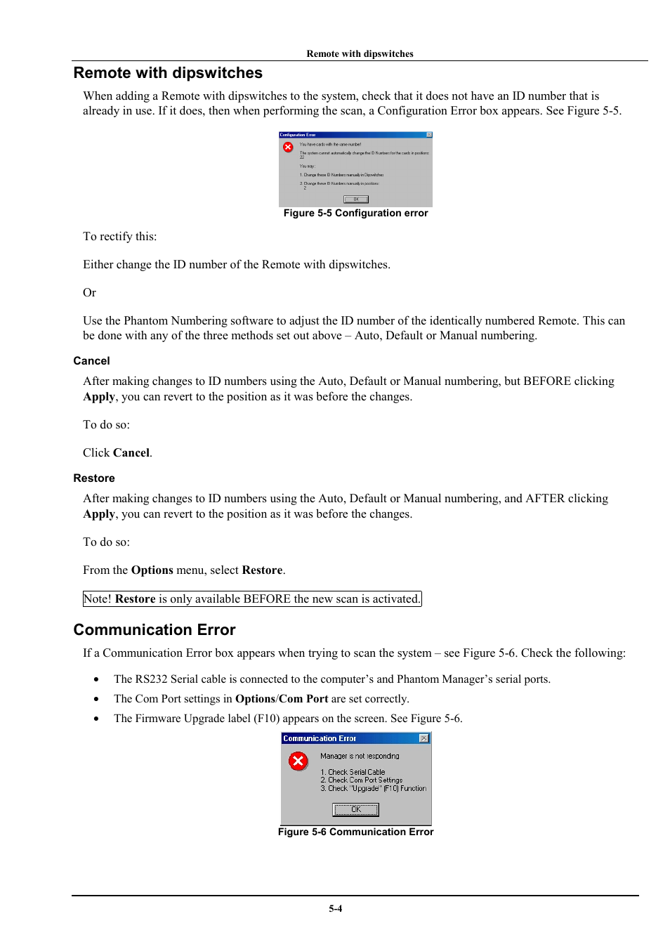 Remote with dipswitches, Communication error | Minicom Advanced Systems Minicom Supervisor Phantom User Manual | Page 32 / 41