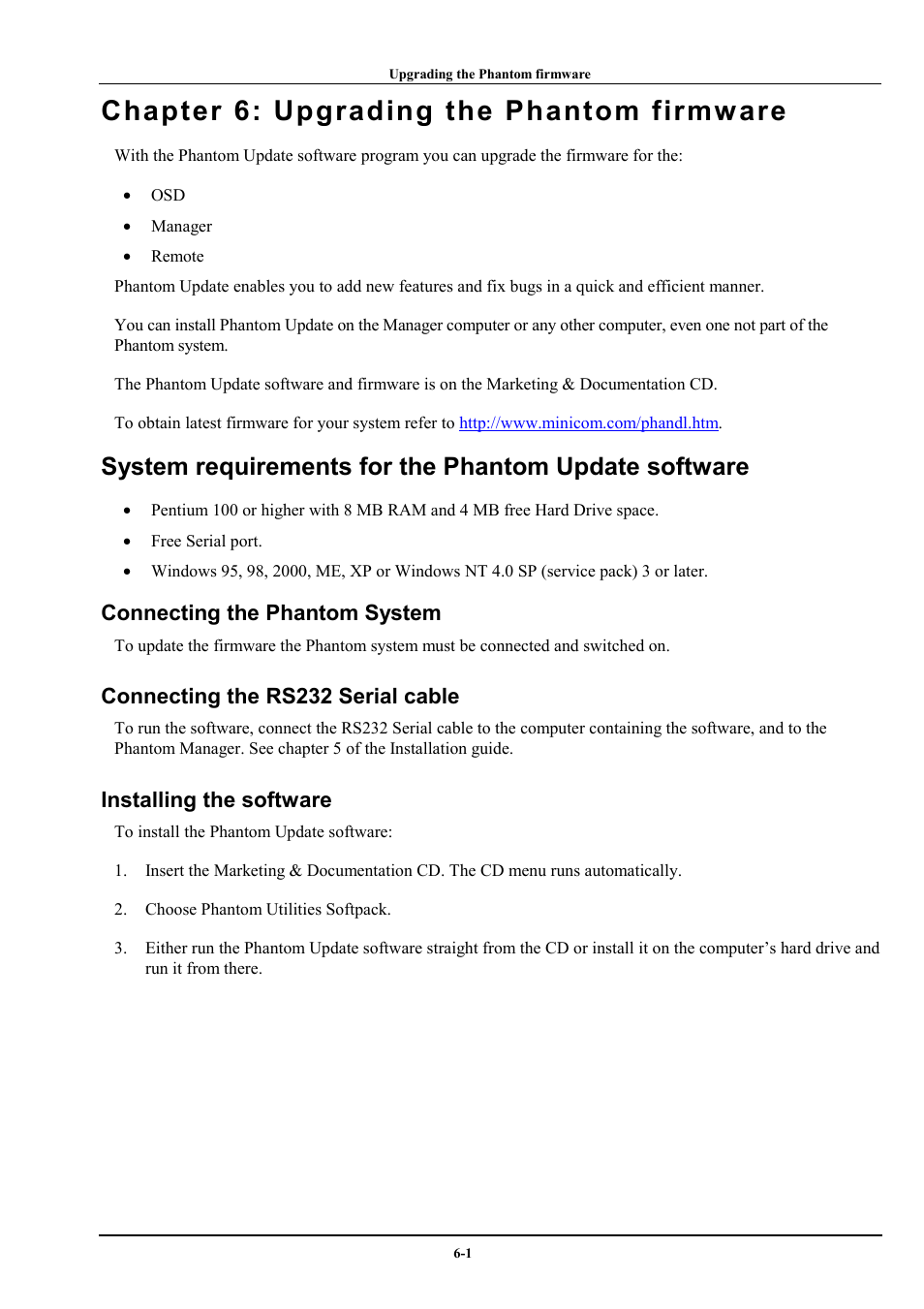 Chapter 6: upgrading the phantom firmware, Connecting the phantom system, Connecting the rs232 serial cable | Installing the software, Chapter 6: upgrading the phantom firmw are | Minicom Advanced Systems Minicom Supervisor Phantom User Manual | Page 34 / 41