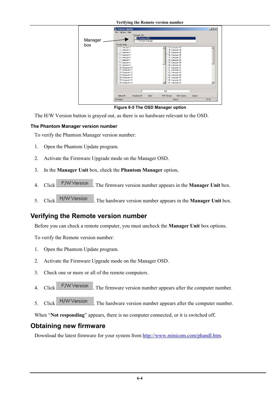 Verifying the remote version number, Obtaining new firmware | Minicom Advanced Systems Minicom Supervisor Phantom User Manual | Page 37 / 41