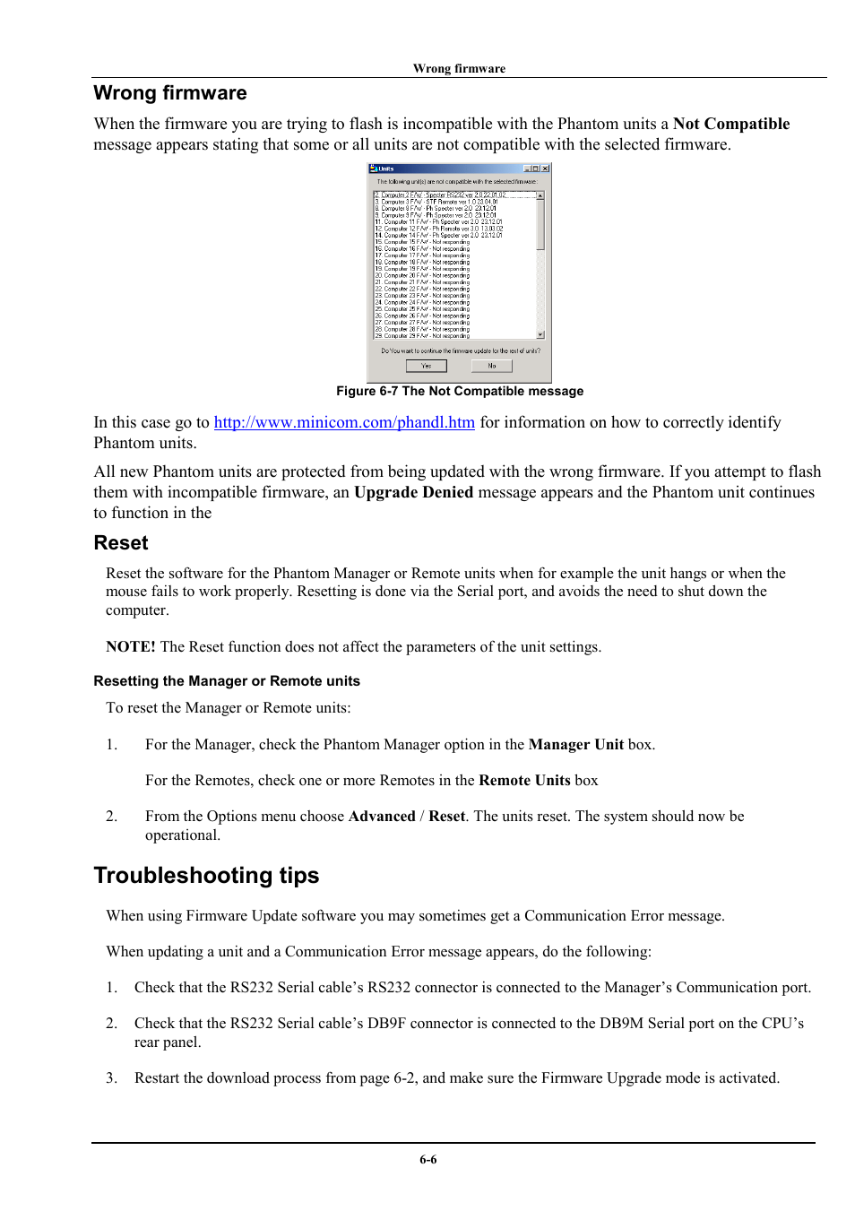 Wrong firmware, Reset, Troubleshooting tips | Minicom Advanced Systems Minicom Supervisor Phantom User Manual | Page 39 / 41