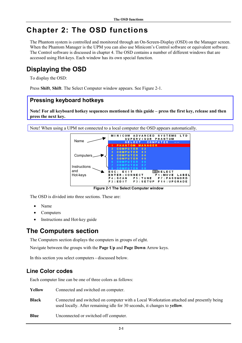 Chapter 2: the osd functions, Displaying the osd, The computers section | Line color codes, Pressing keyboard hotkeys | Minicom Advanced Systems Minicom Supervisor Phantom User Manual | Page 7 / 41