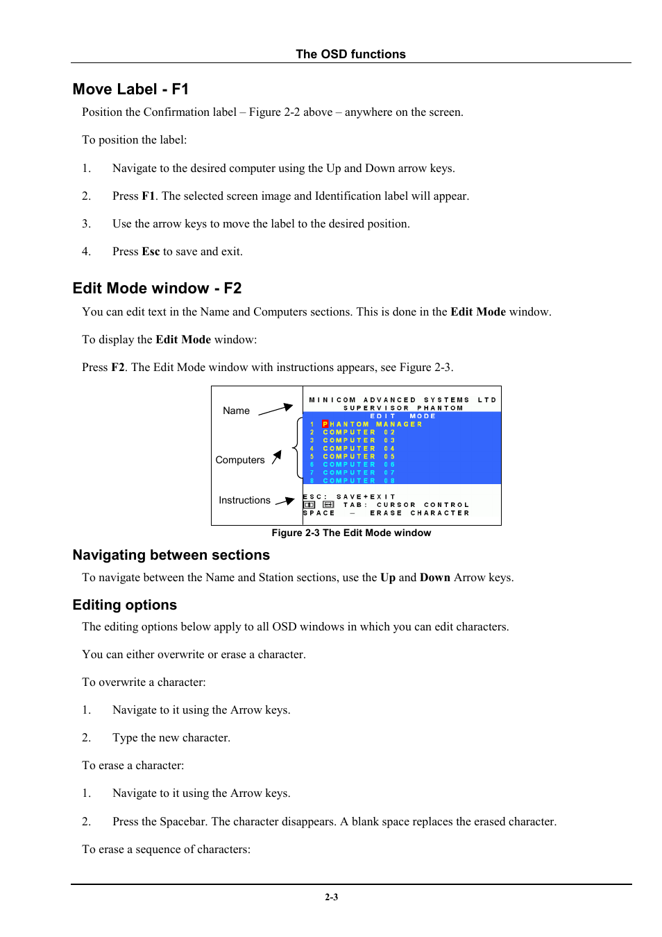 Move label - f1, Edit mode window - f2 | Minicom Advanced Systems Minicom Supervisor Phantom User Manual | Page 9 / 41