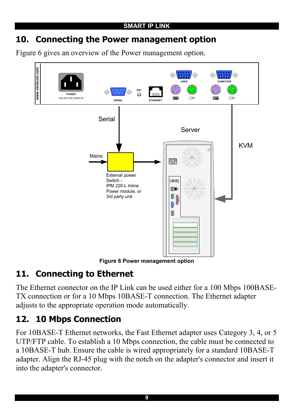 Connecting the power management option, Connecting to ethernet, 10 mbps connection | 12. connecting to ethernet, Server kvm serial, Smart ip link, Figure 6 power management option | Minicom Advanced Systems RJ-45 User Manual | Page 10 / 43