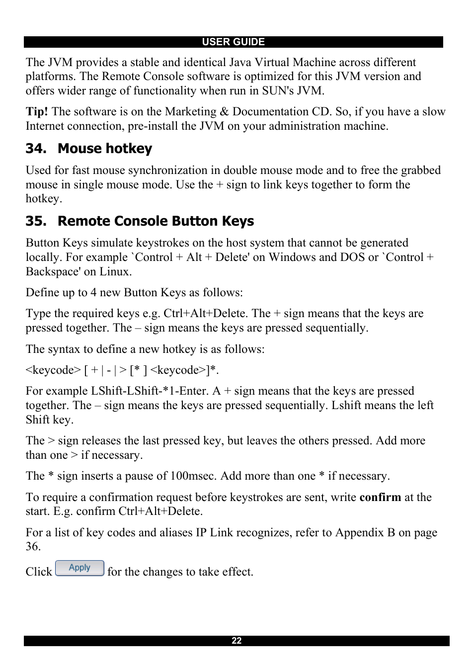 Mouse hotkey, Remote console button keys | Minicom Advanced Systems RJ-45 User Manual | Page 23 / 43
